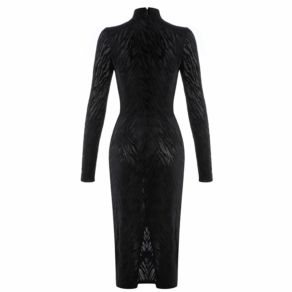 

2021 New Summer Chic Black Zebra Stripe Mesh Midi Dress Sexy Long Sleeve High Neck Christmas Evening Party Dress Vestido