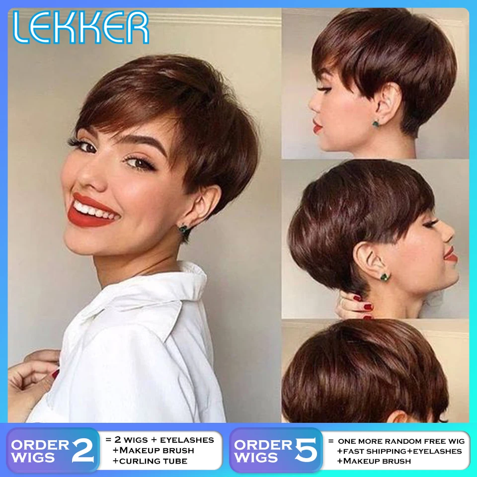 

Lekker Short Pixie Cut Human Hair Wigs with Bangs Natural Bowl haircut Wig For Black Women Brazilian Remy Ombre Thick Hair Wig