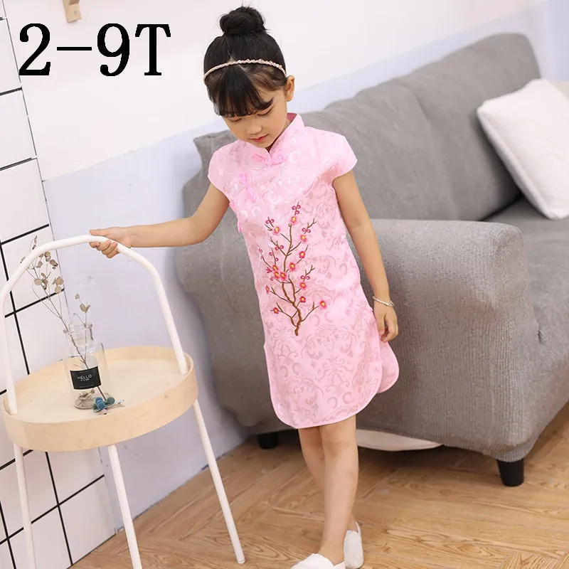 Серый Китайское платье принцессы Cheongsam; летнее платье для маленьких девочек; детская одежда; милое хлопковое платье принцессы без рукавов с цветочным принтом - Цвет: Серый