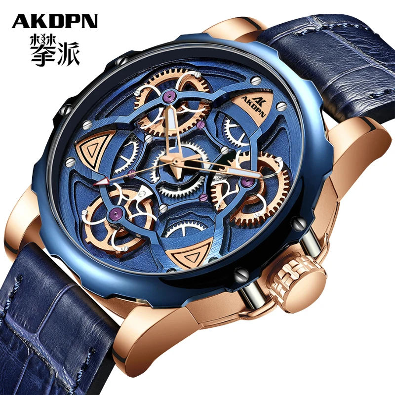 AKDPN Mens Watches Top Brand Luxury Sport style Design Quartz Watch Men Blue Leather Strap 30M Waterproof Relogio Masculino