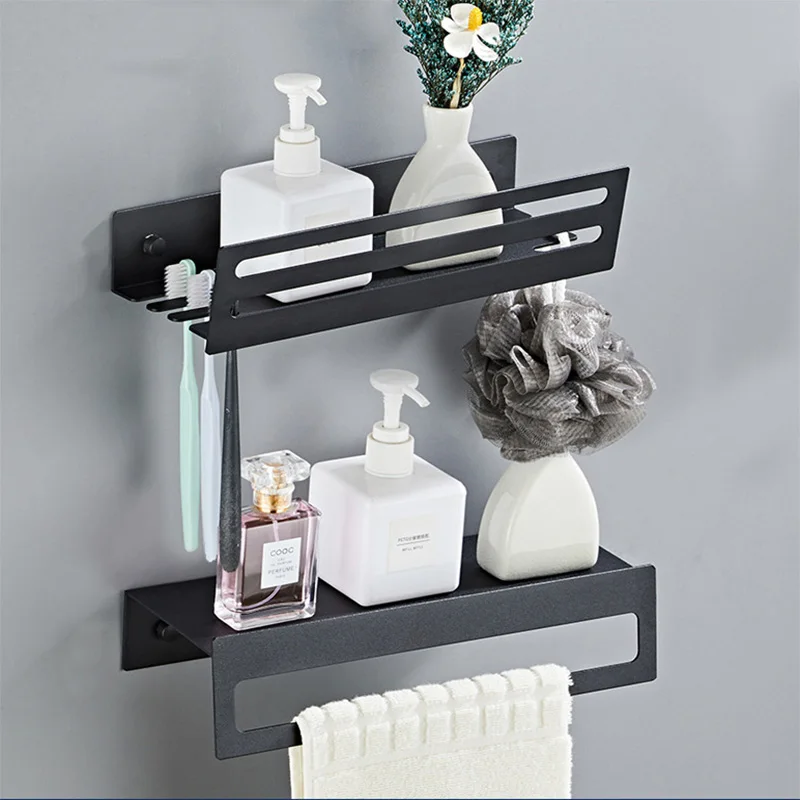 

Black Wall Mounted Bathroom Shelve Towel Storage Rack With Toothbrush Holder Robe Coat Hook Hanger Toilet Kitchen Accessories