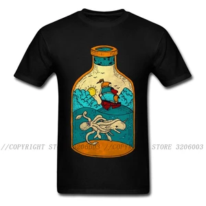 Летняя мужская футболка с изображением бутылки 2018, новый дизайн, винтажный рисунок, корабль, осьминог, море, Кит, черная футболка