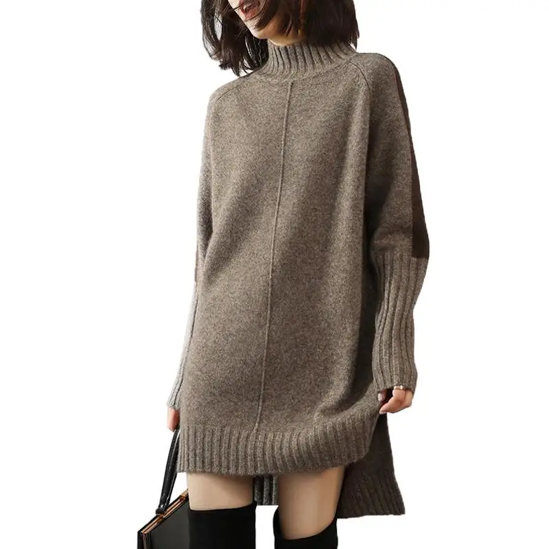 

Women's Long Section Cashmere Shirt Bag Hip Split Loose Loose 100%wool Autumn and Winter New High Collar Pullover Sweater