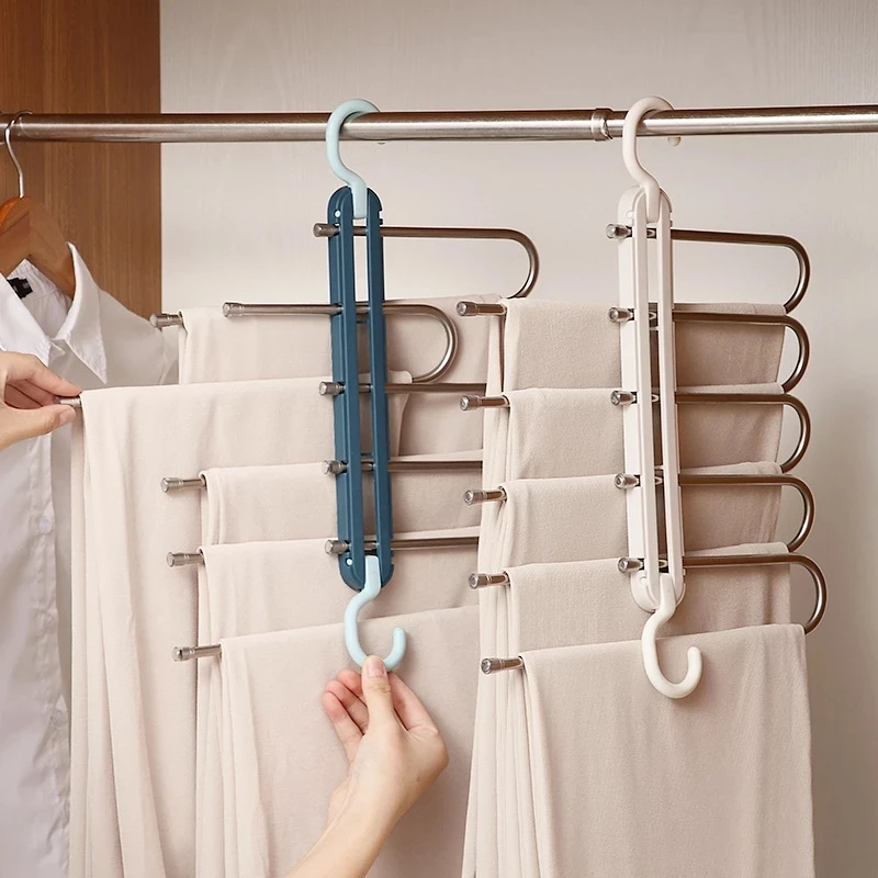 

5 in 1 Pant rack Trousers shelves Stainless Steel Clothes Hangers Multi-functional Telescopic Folding Wardrobe Towel Storage