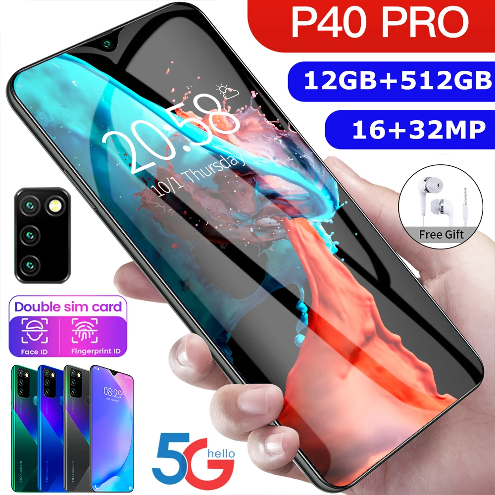 New version Hawei P40 Pro 5G Smartphone 6.8 Inch 12GB + 512GB Face/Fingerprint Unlock Dual Sim Phone Smartphone 16+32MP