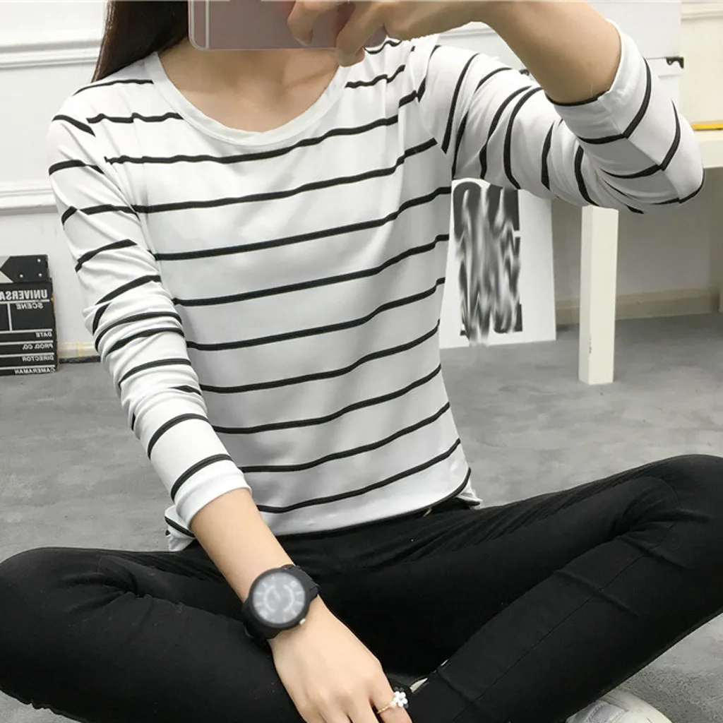 Женская футболка в полоску Корейском стиле Свободный джемпер с длинным рукавом и