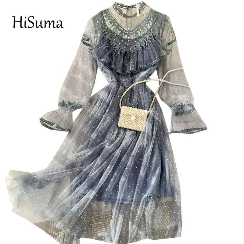 HISUMA осеннее Новое Женское платье феи с круглым вырезом и пышными рукавами