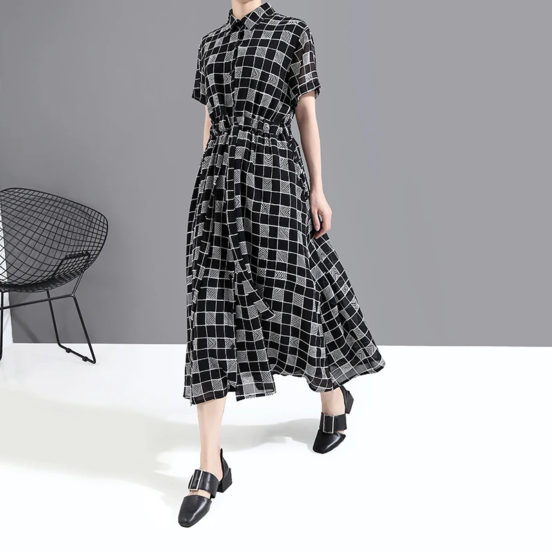 Новый 2020 Для женщин Летнее модное Черное длинное платье в клетку с поясом и