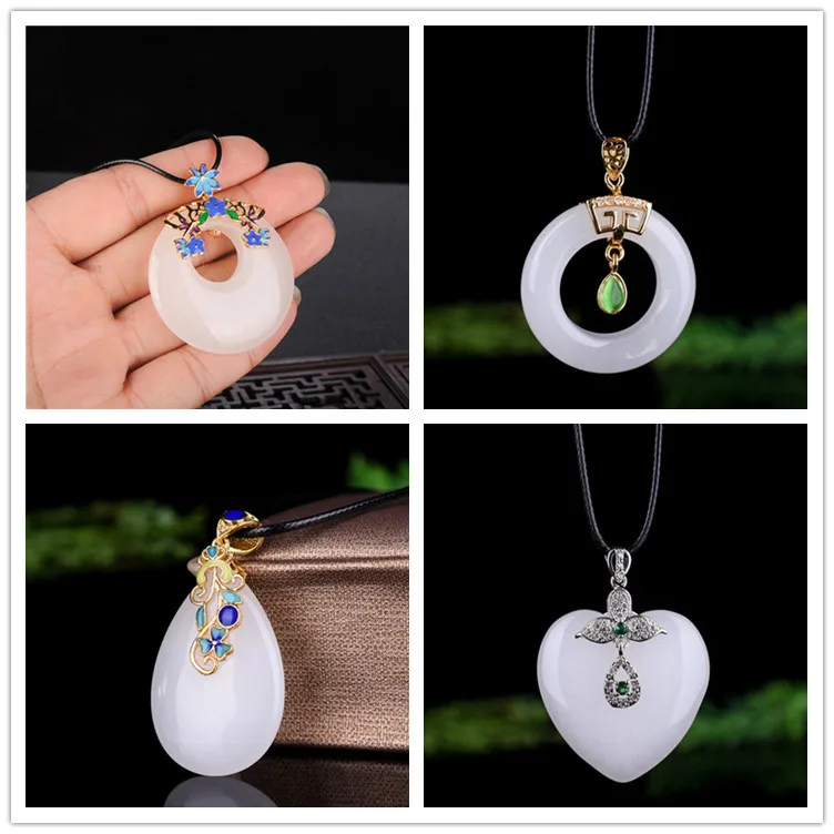 

Fidelity Natural White Jade Droplet Pendant Suet Jade Cloisonne Inlaid Water Droplet Peace Buckle jasper Jewelry Certificate