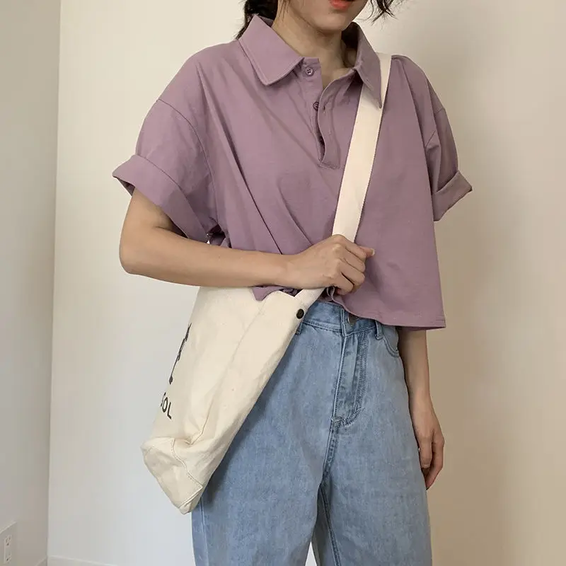 T-shirts Women Japanese Style Solid Cotton Summer All-match Preppy Girls Black Crop Top Chic Button Kawaii Street Ladies T Shirt | Женская