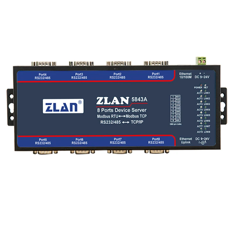 ZLAN5843A 8-портовый RS232 RS485 к Ethernet преобразователю нескольких последовательных