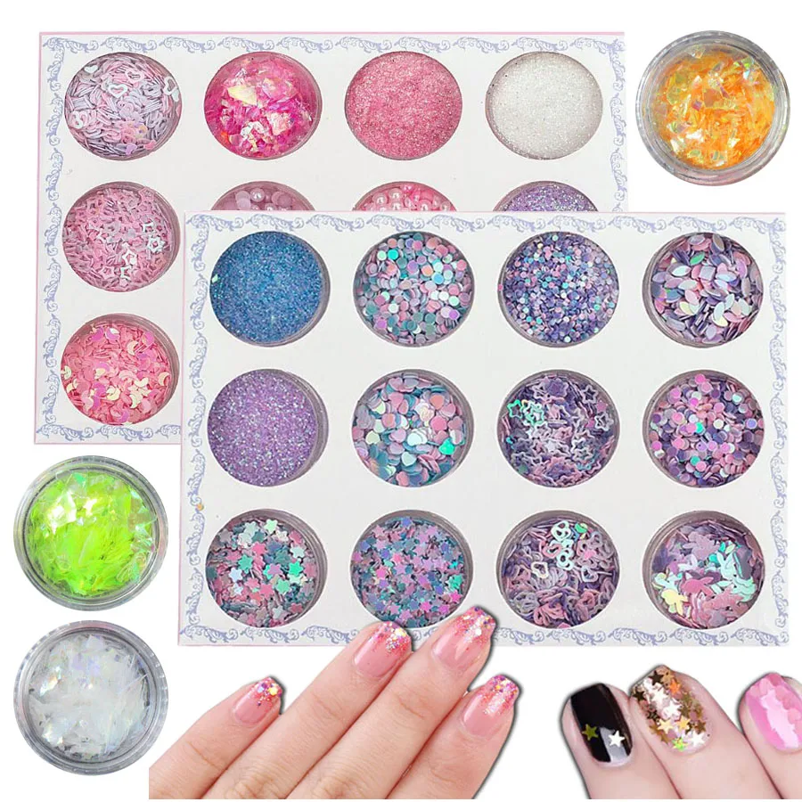 12 цветов Блестки для ногтей художественные украшения лазерные блестки