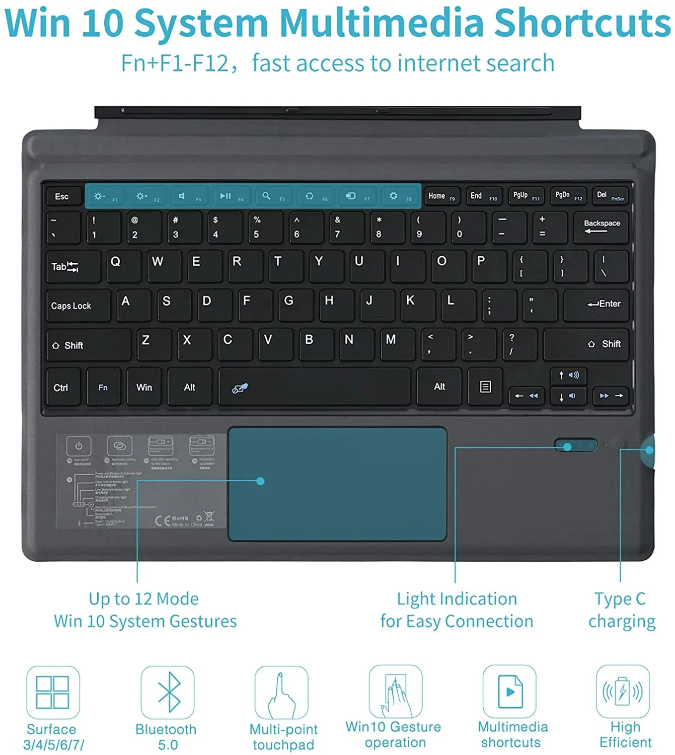 Чехол Rapoo для планшета с Bluetooth и клавиатурой Microsoft Surface Pro 7/6/5/4 12 дюймов трекпадом