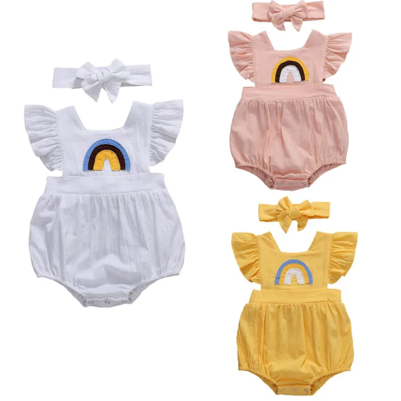 

2020 Brand Summer Newborn Baby Girls Jumpsuit Fly Sleeve Rainbow Striped Cotton Linen Clothes Romper Playsuit Outfits New 0-24M