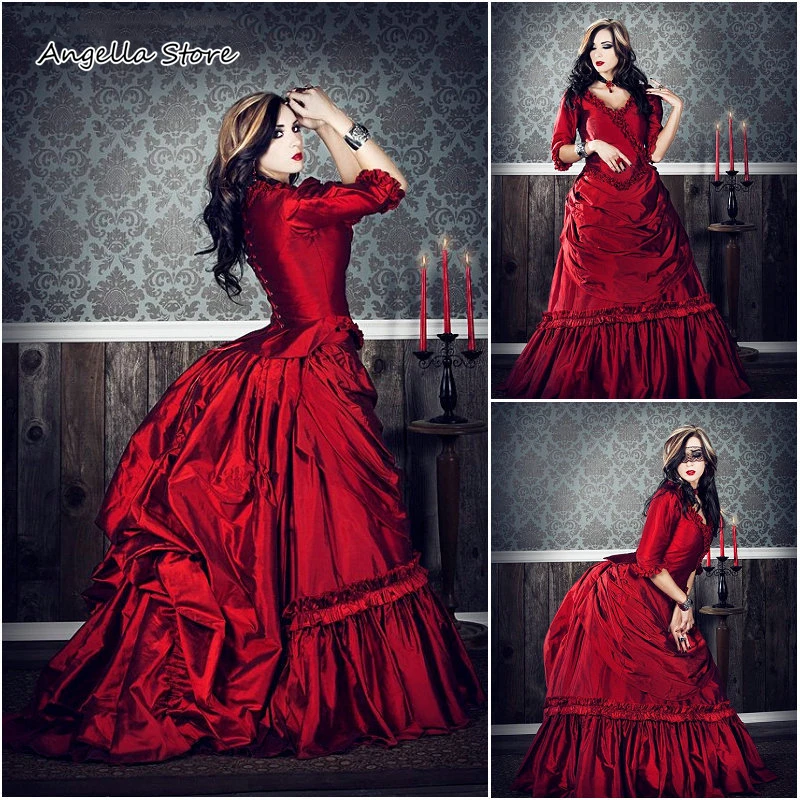 

Victorian Gothic Red Wedding Dress Vampire Mina Harker Civil War Southern Bustle Ball Gown Vintage Ruched Long Bride Dresses