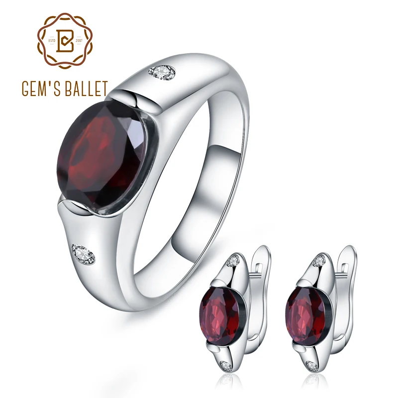 GEM'S BALLET Natural Red Garnet Gemstone Ring Earrings Jewelry Set 925 Sterling Silver Classic Fine Jewelry For Women Wedding
