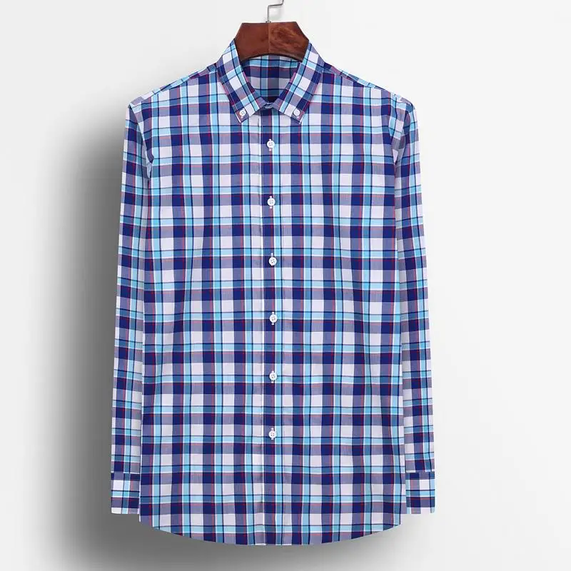 

Men's Fashion Long Sleeve Plaid Checkered Shirt Pocket-less Design Casual Button-down Collar Standard-fit Cotton Gingham Shirts