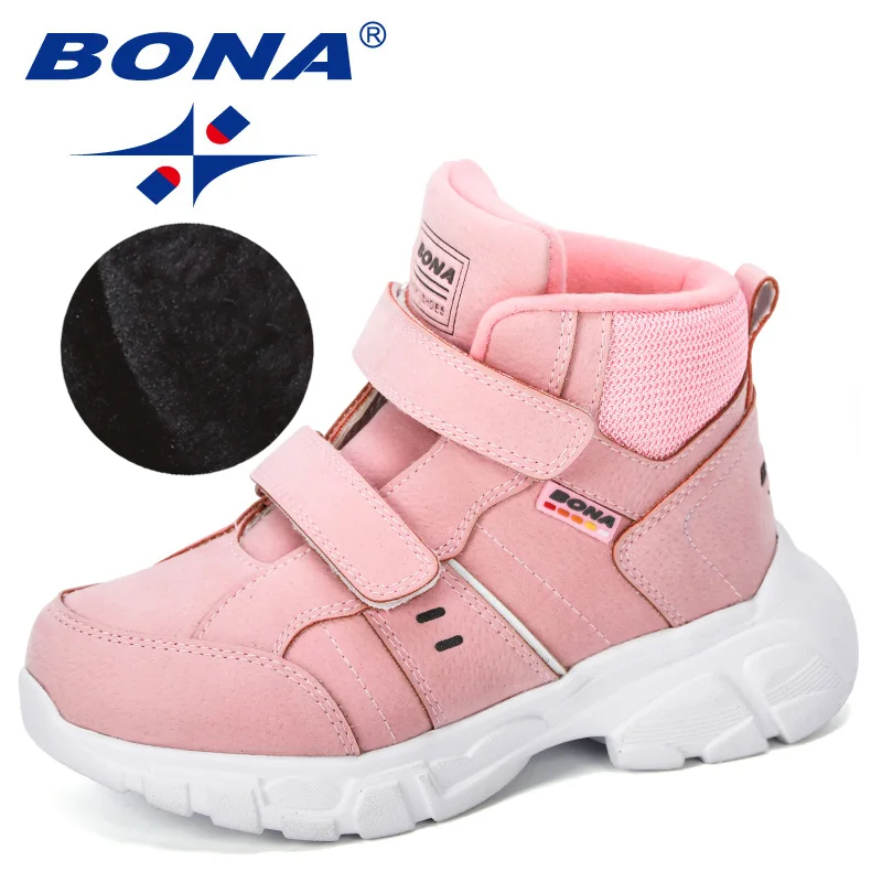 Pink BONA/Новинка года; дизайнерская детская обувь; уличные модные ботинки из флока; студенческие кроссовки; теплые бархатные детские зимние ботинки; удобные - Цвет: Pink