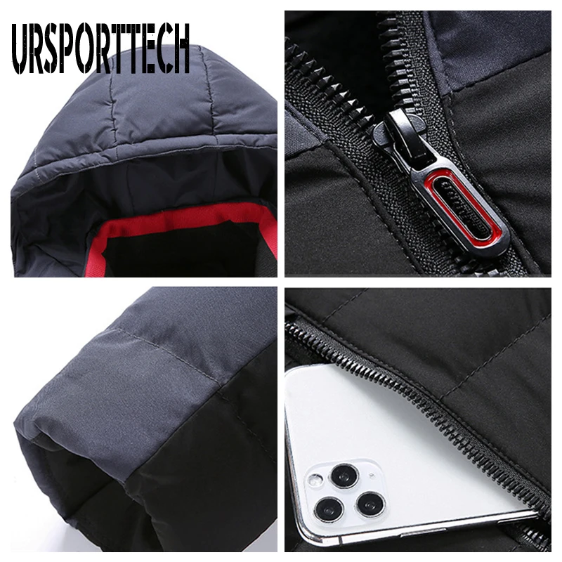 URSPORTTECH Winter Men's Jacket Coats Hooded Parkas New Casual Thick Warm Jackets Coats Men Patchwork Autumn Outwear Windproof