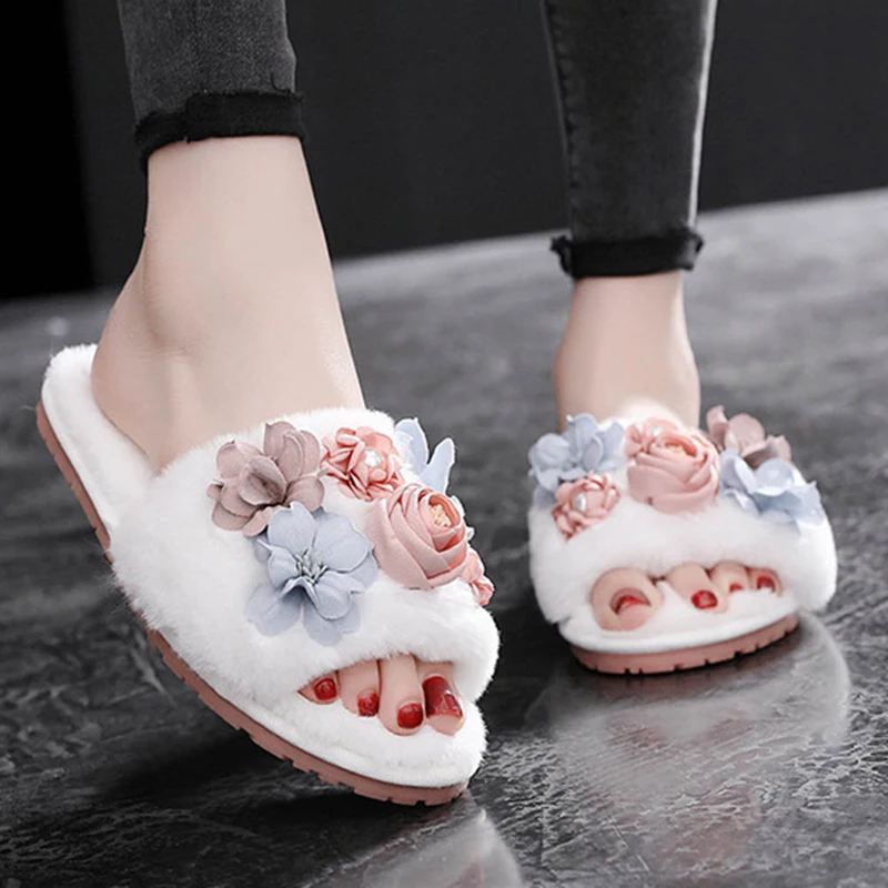 Тапки женские зимние меховые с цветами теплые без застежки плоская подошва