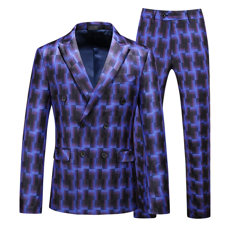 

Men Blue Brown Plaid Wedding Suits 2020 Autumn Men Double Breasted Suits 6XL Party Prom Stage Performance Suits Jacket Pant Vest