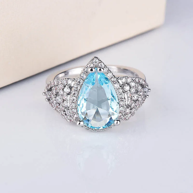 

Luxury Water Drop Sea Blue Stone Ring Female Fashion 925 Silver Engagement Rings Party Accessories For Women Jewelry 2021