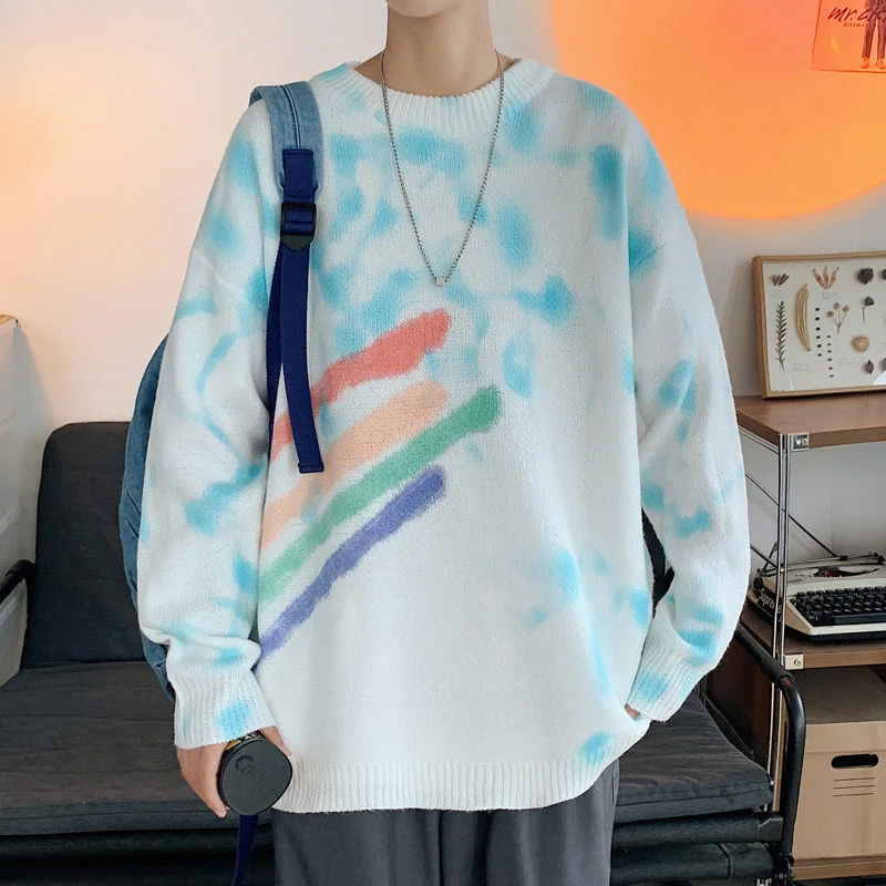 

Neploha 2021 Autumn Winter Men's Tie Dyed Rainbow Sweater Round Neck Casual Loose Pullover Sweater For Male Vintage Unisex Tops