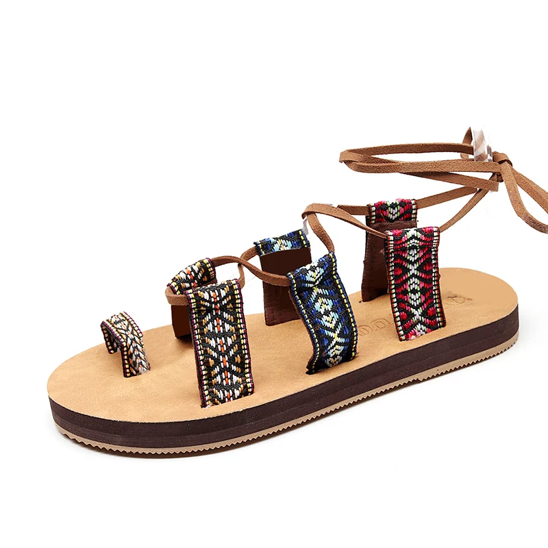 

Fashion National Style Women's Sandals Zapatos Mujer Rubber Sole Retro Bandage Women Shoes Lace-Up Roma Moccasins For Summer