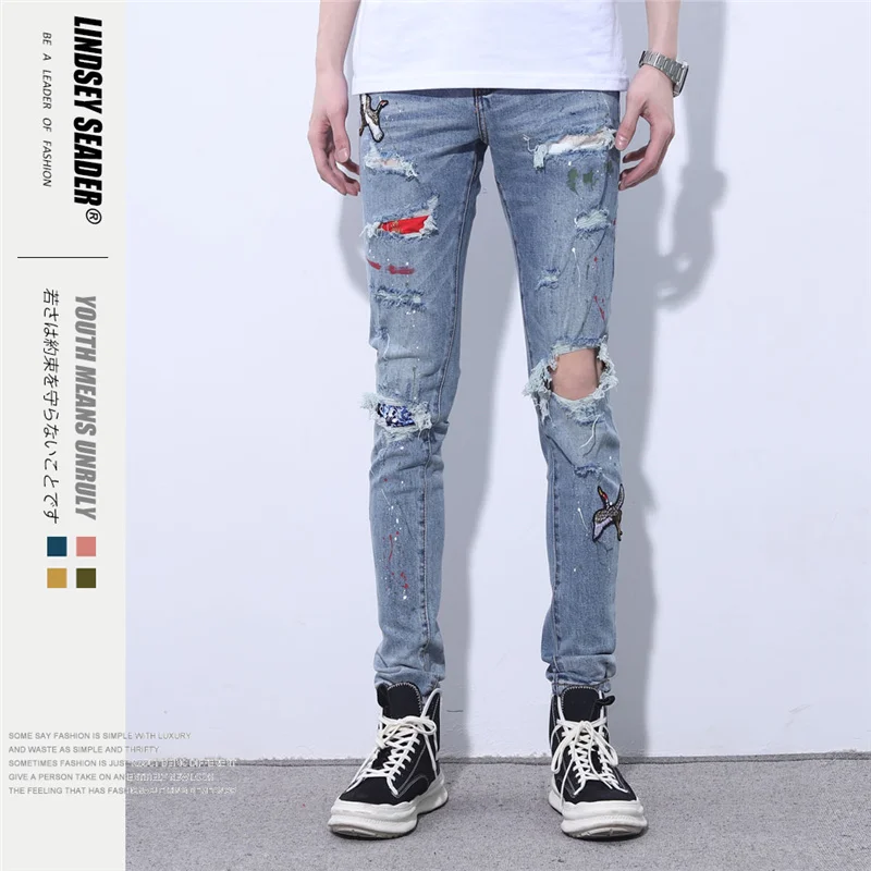 Мужские рваные джинсы Kanye West черные камуфляжные в байкерском стиле модные