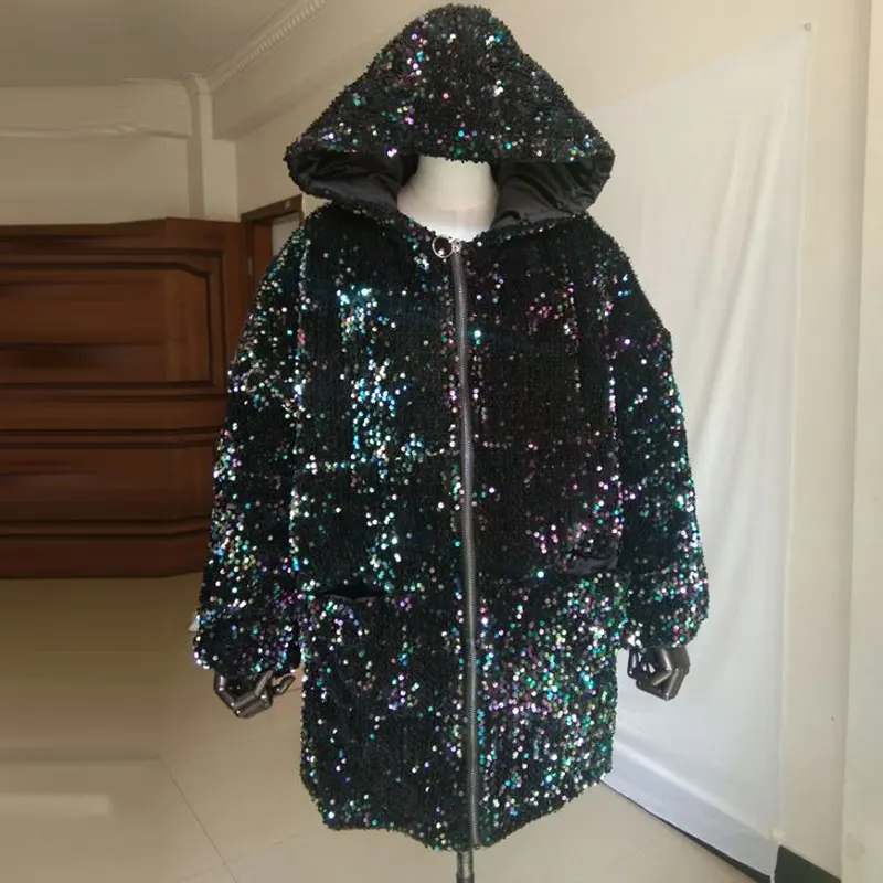 2022 Winter  Cotton Coat Women Sequins Long-sleeved Parka Jjacket Fashion Hooded Thick Warm Long Coat Streetwear 292