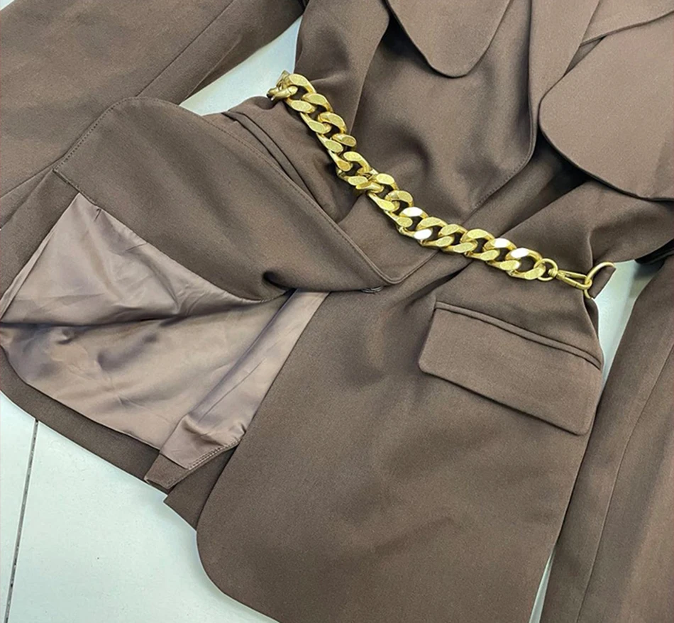 

Free Shipping High Quality Elegant Notch Lapel Blazer Brown 2021 Autumn Women's Long Sleeve Gold Chain Belt Bodycon Blazer