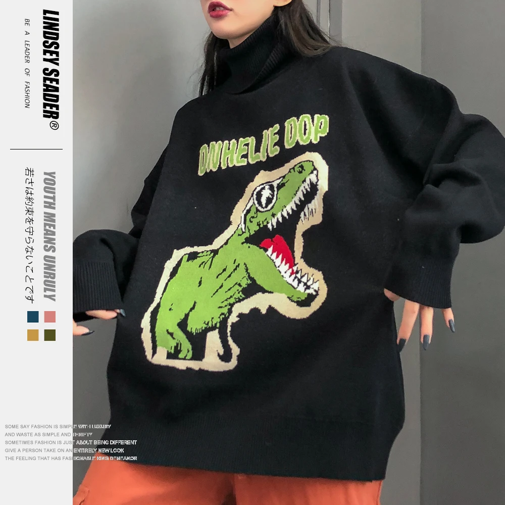 Женский мужской свитер с динозавром пуловер вязаный для пары свободный высоким