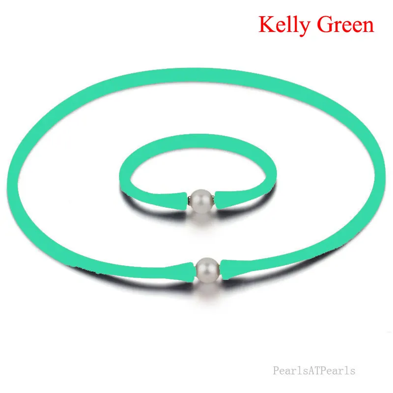 

16 inches 10-11mm Natural Oval Pearl Teal Rubber Silicone Necklace & 7 inches Bracelet Jewelry Set