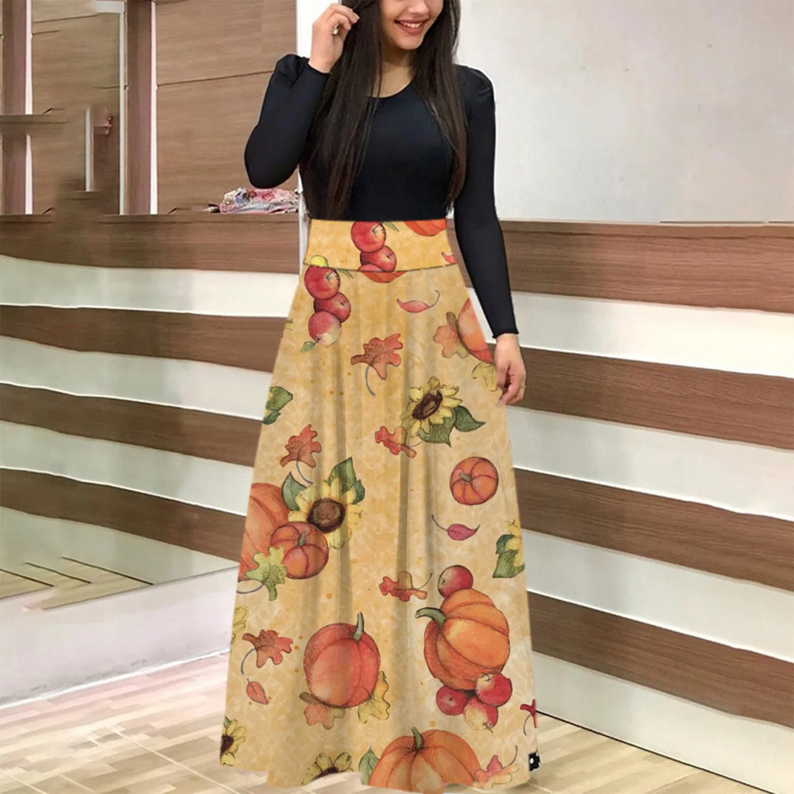 

Women Dress Long Sleeve 2021 Autumn Halloween Pumpkin Print Maxi Robe Femme Ladies Casual Dress Halloween Costume Y2k Kawaii