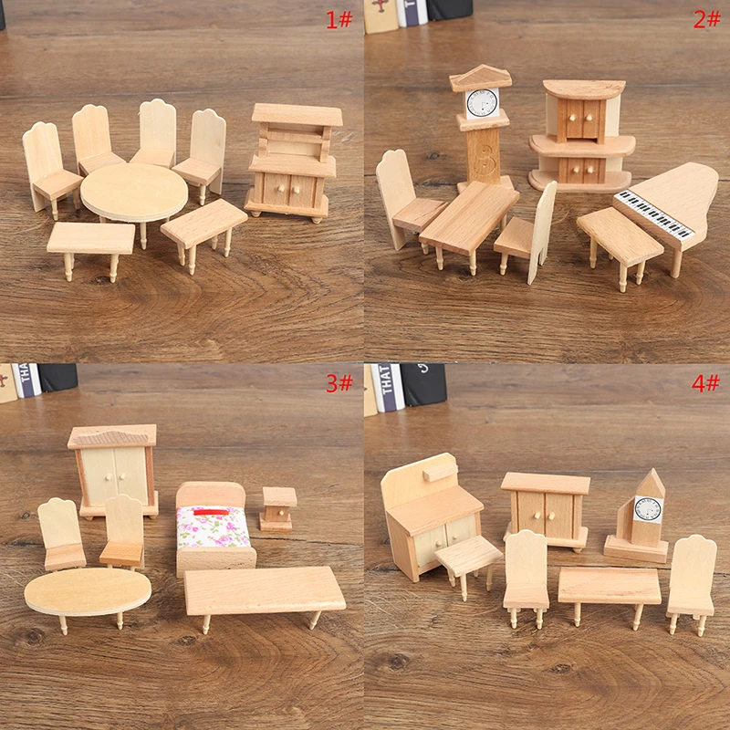 

Новинка, Лидер продаж! 1 набор миниатюрной деревянной мебели для кукольного домика, набор моделей, стол, стул, декор для шкафа