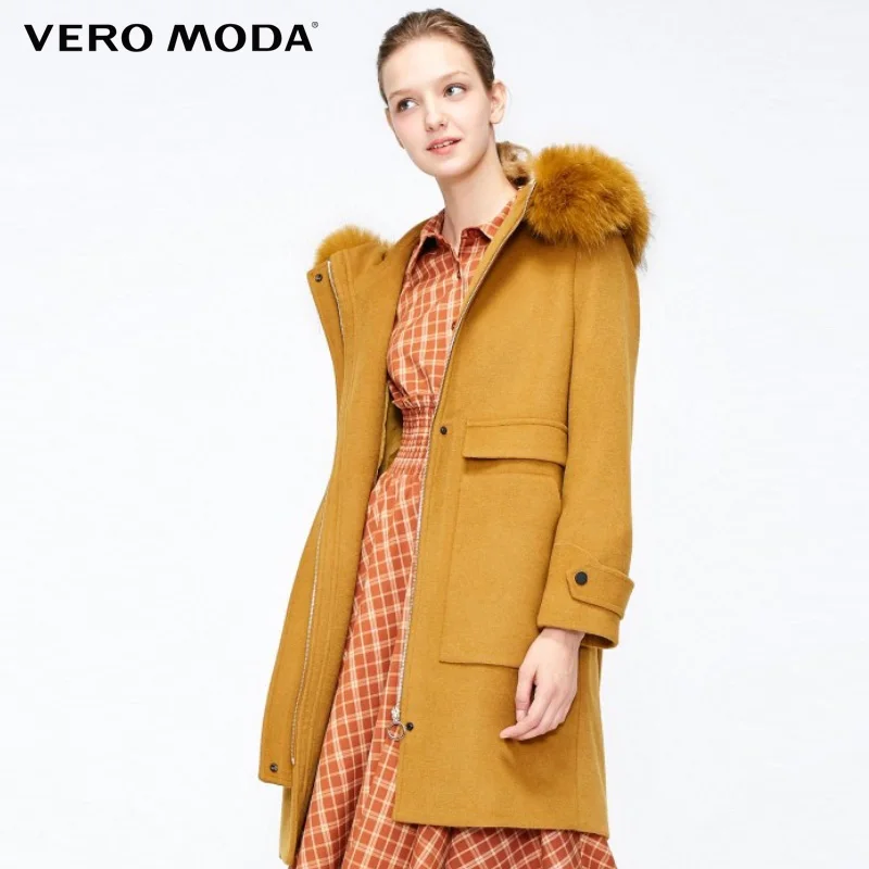 Vero Moda осень зима съемный воротник из меха енота шерстяное пальто куртка пальто | 318327560