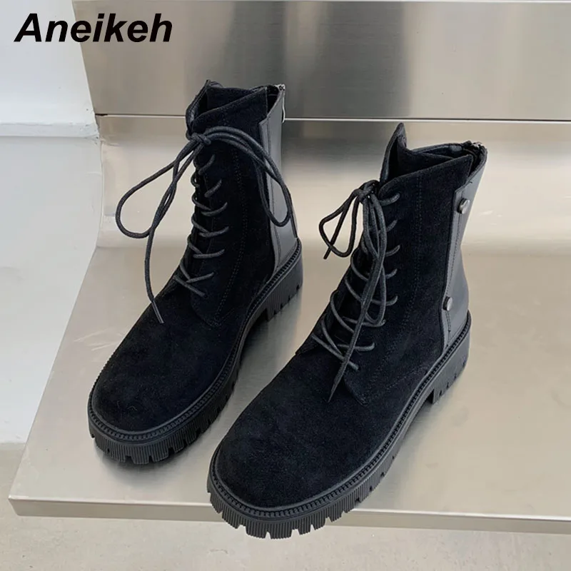 

Aneikeh Rome Round Toe Cross-Tied Winter Shoes For Women 2021 Flock Square Heel Boots Thick Bottom Zipper Sewing Design Sense
