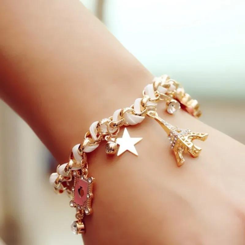 

1 Pcs Women Flowers Stars Hearts Paris Eiffel Tower Crown Poker Cute Bangle Leather Rope Chain Bracelet Good Gift for Girls