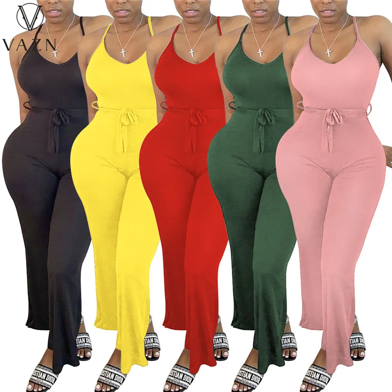 VAZN 2021 Vintage Spaghetti Strap Solid Causal Slim Sleeveless Bandage Chiffon Sexy Club Holiday Joker Women Loose Jumpsuits - купить по