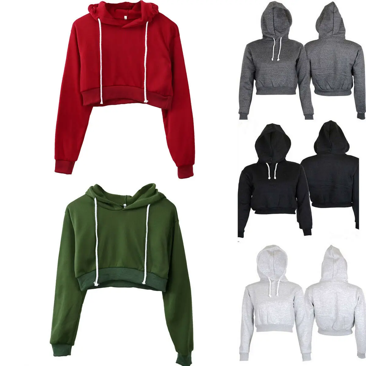 

Fashion Women Solid Crop Hoodie Tops Casual Sweatershirts Long Sleeve Drawstring Pullover Jumper Hoodies Clothing Femme