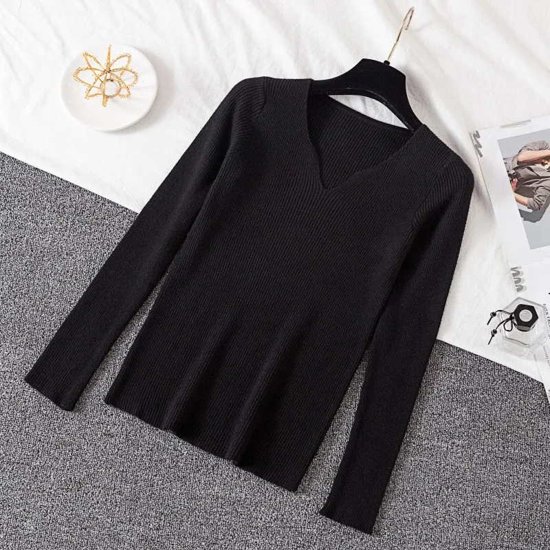 

2020 New Arrival Women V-neck Solid Color Sweater Sexy Slim Long Sleeve Knit Bottoming Shirt Pullover