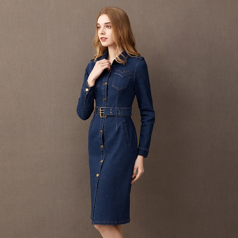 Женское однобортное джинсовое платье Aswinfon облегающее средней длины с отложным