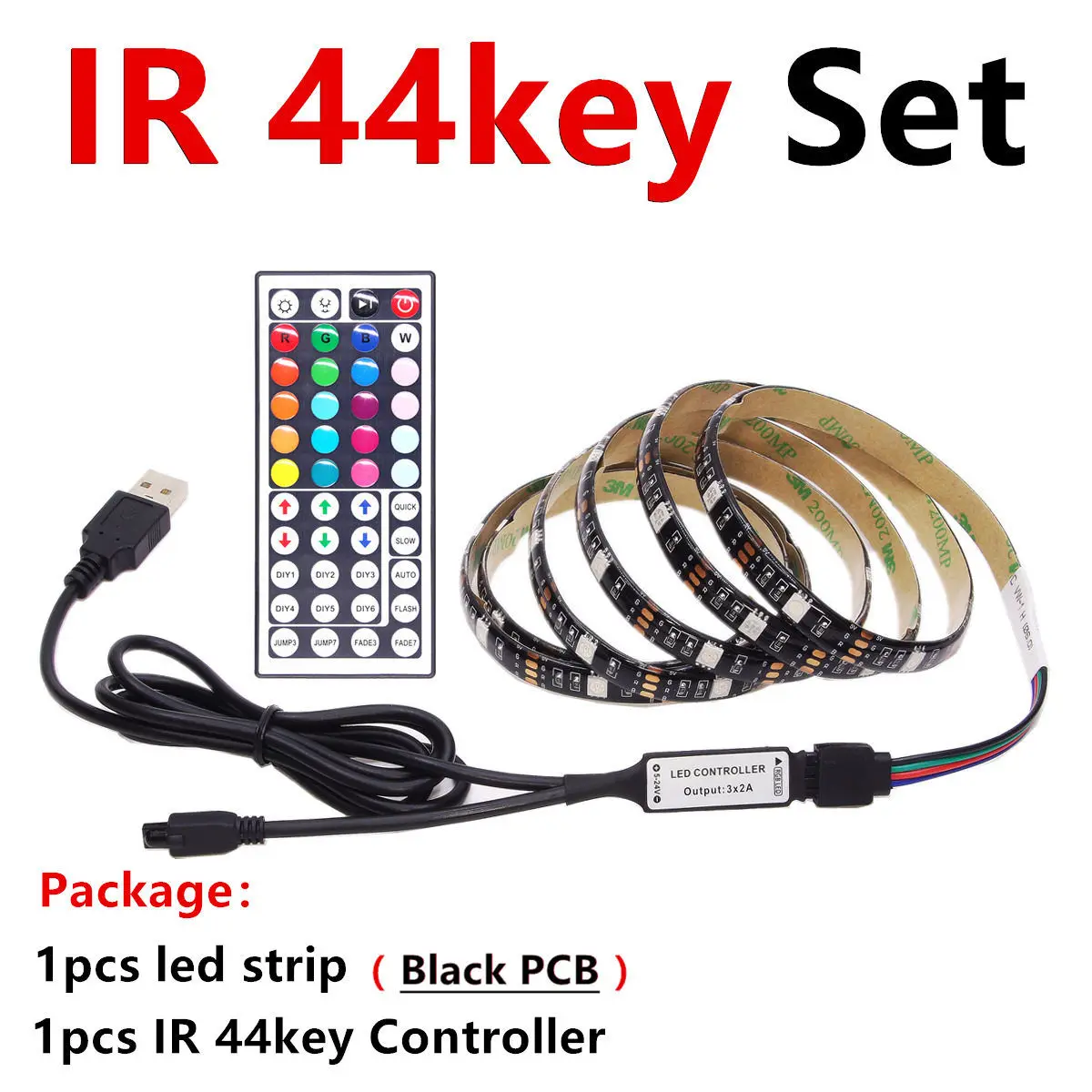 Black PCB 44key Set USB RGB Светодиодные ленты Водонепроницаемый 5V 5050 SMD RGB USB Светодиодные ленты светильник с регулируемой яркостью, лента светодиодный светильник 17key 44Key/24key Добавить Wi-Fi - Испускаемый цвет: Black PCB 44key Set