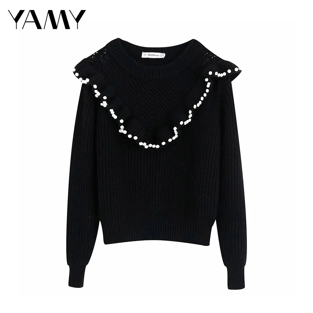 Женский свитер с жемчужинами Za Trf черный вязаный пуловер длинным рукавом джемпер