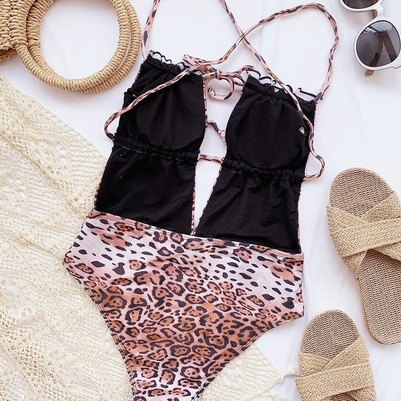 

Sexy Backless Swimsuit Women Leopard Print Bikini 2021 One Piece Hollow Out Bandage Swimwear Female High Waist Bodysuit Biquini