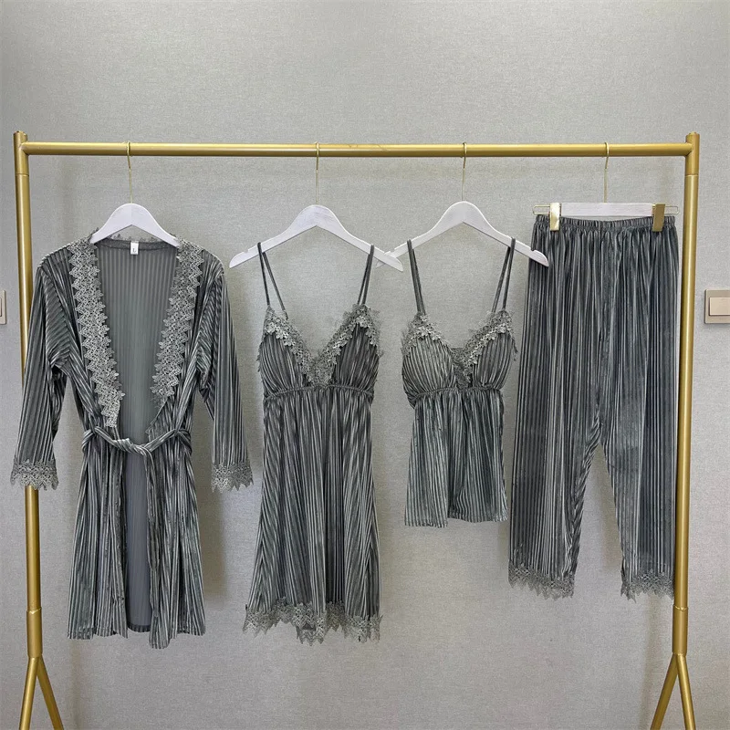 

Casual Sleepwear Women Velour Home Clothing Pyjamas Velvet Homewear 4PCS Pajamas Suit Autumn New Sleep Set Intimate Lingerie