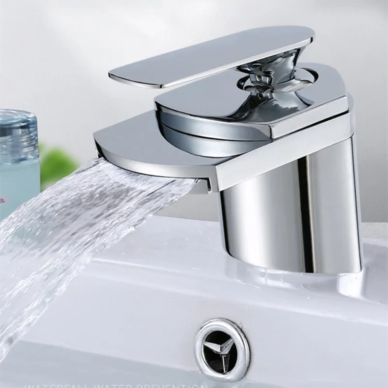 

New Arrival Waterfall Style Golden Bath Sink Faucet Bathroom Faucets Cold and Hot Water Tap Crane Deck Mounted Total Copper