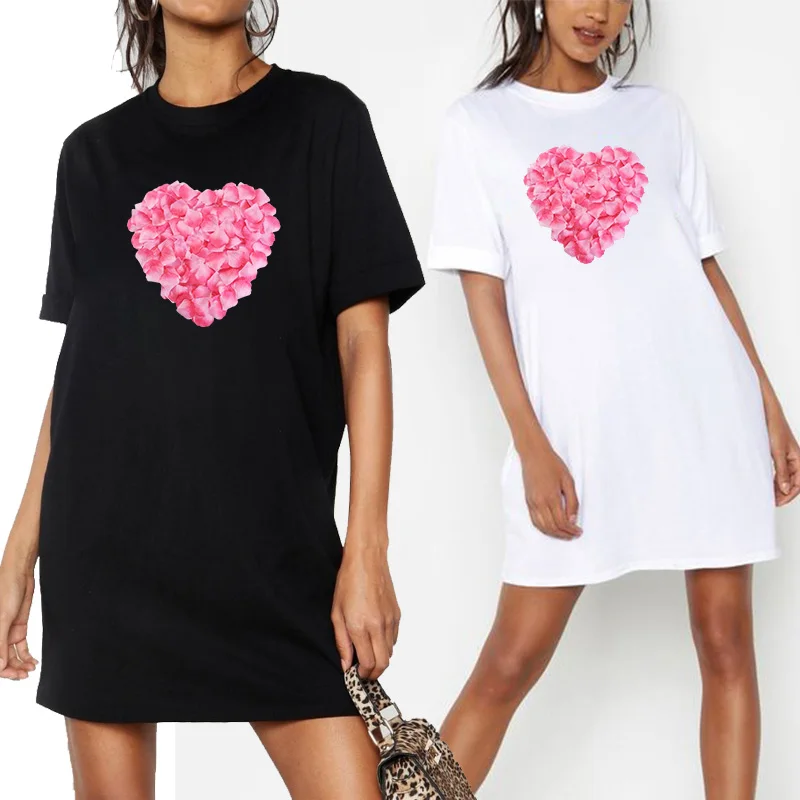 

Mini Dress Pink Petal Love Print O-Neck Women Summer Tshirt Dresses Casual Loose Short Sleeve Femme Party Vestidos Streetwear