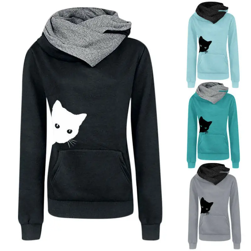 

Spring Women's Cat Print Long Sleeve Pullover Sweatshirt Pockets Shirt Tops Lot