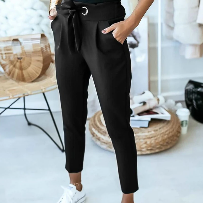 

England Style Women Summer Solid Color Pencil Pants Bandage Design Pockets Decor High Waist Slim Hips Trousers for Streetwear